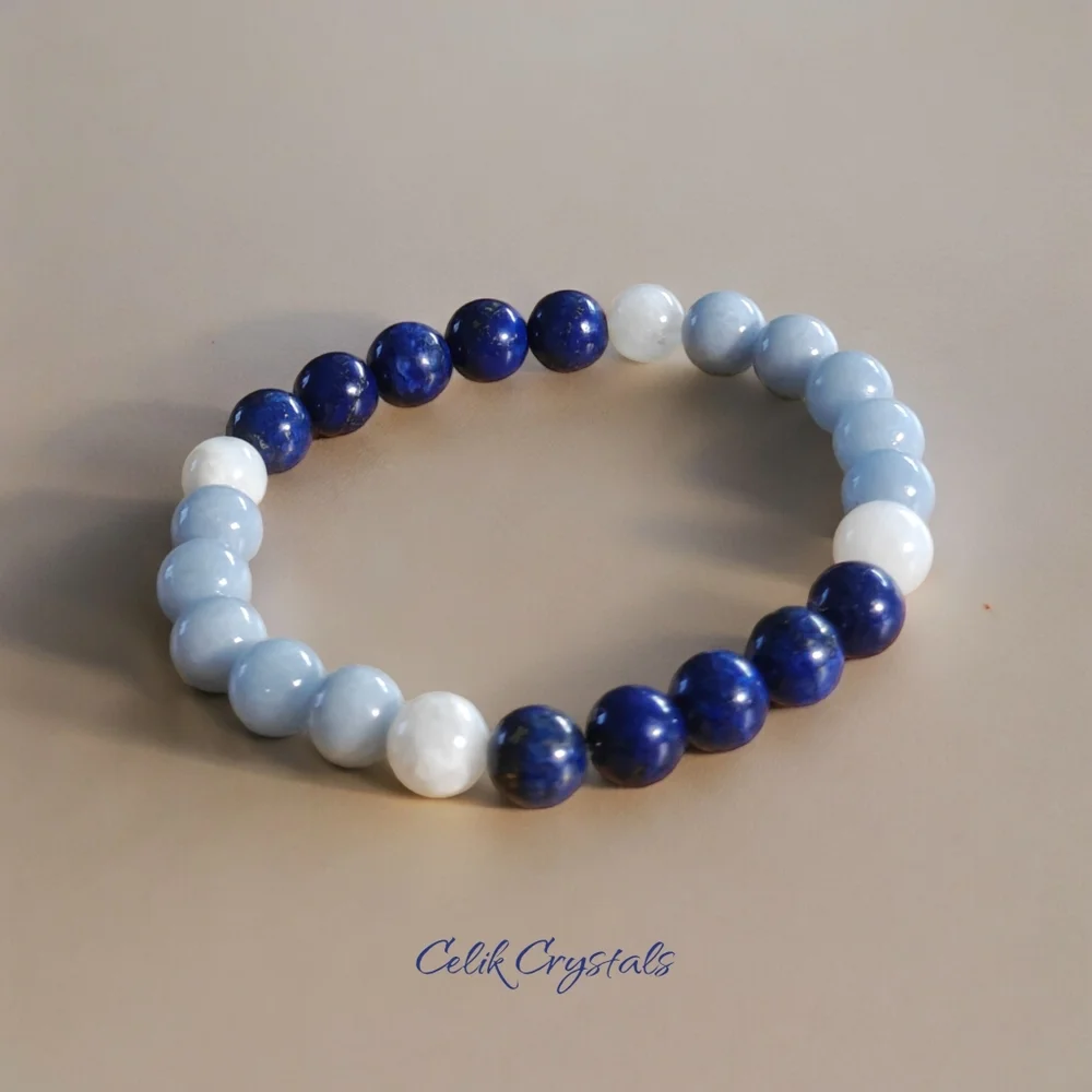 Lapis Lazuli Bracelet Authentic Stones With Authentic Angelite & Moonstone - Picture 2 of 5